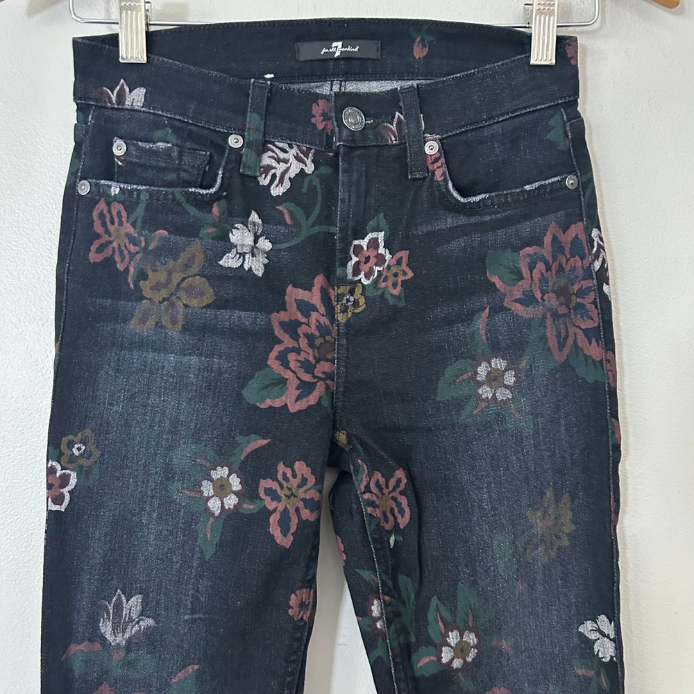 7 For All Mankind Jeans Womens 25 Roxanne Ankle Skinny Black Floral Raw Hem Boho